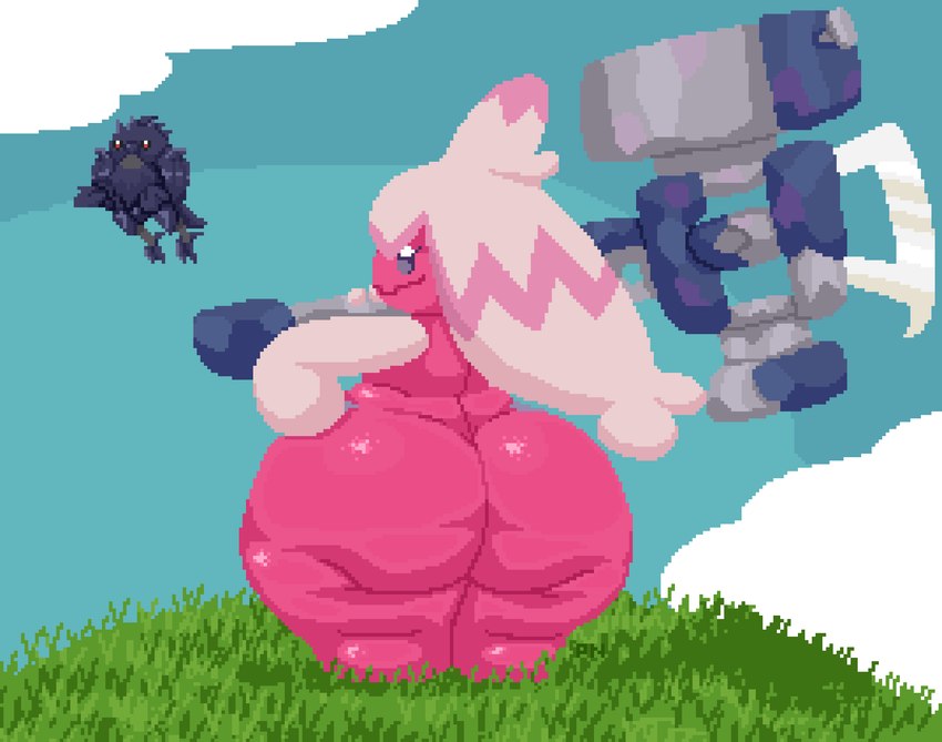 ambiguous_gender big_butt butt day duo female female_focus feral grass hair hammer hand_on_hip huge_butt huge_hips huge_thighs humanoid_focus hyper hyper_butt hyper_hips hyper_thighs large_weapon long_hair looking_at_viewer outside overweight overweight_female overweight_humanoid pink_body pink_hair pink_skin plant short_stack sky smile thick_thighs tools weapon wide_hips spinneborg nintendo pokemon avian bird corviknight generation_8_pokemon generation_9_pokemon humanoid pokemon_(species) tinkaton 2022 digital_media_(artwork) hi_res pixel_(artwork)