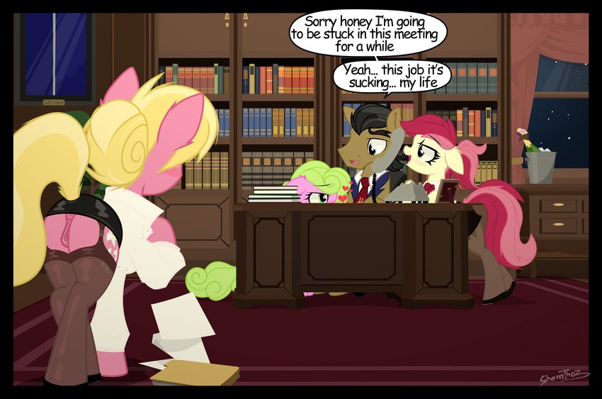 dialogue fellatio female feral group infidelity male male/female office oral penile secretary sex text sherathoz friendship_is_magic hasbro my_little_pony daisy_(mlp) filthy_rich_(mlp) lily_(mlp) rose_(mlp) equid equine horse mammal pony english_text hi_res