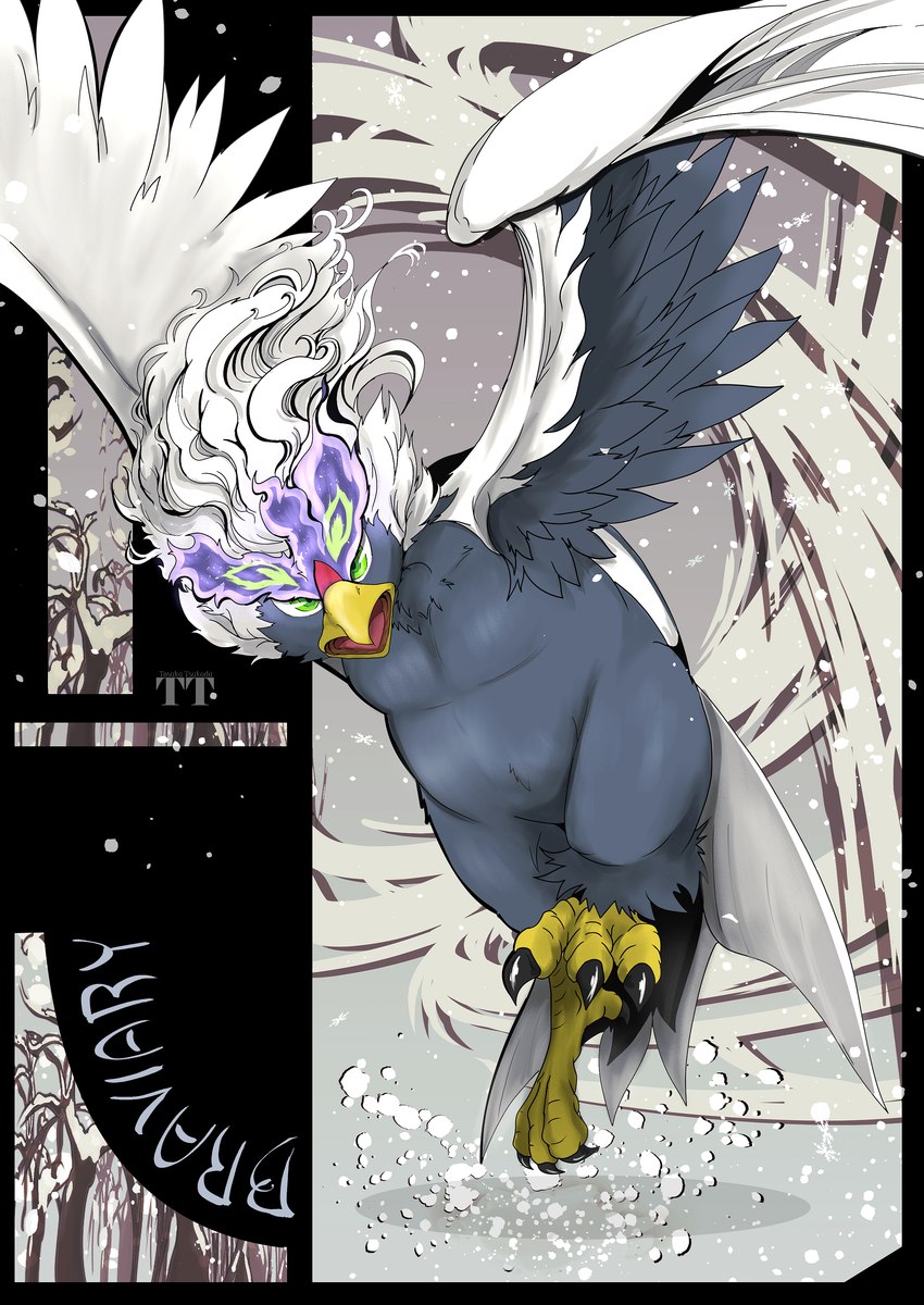 ambiguous_gender athletic athletic_ambiguous athletic_feral avian_feet beak biped bipedal_feral black_claws cere_(anatomy) claws cold detailed_background digitigrade feathered_wings feathers featureless_crotch feet feral front_view green_eyes grey_body grey_feathers looking_at_viewer multicolored_body multicolored_feathers open_beak open_mouth outside pecs pink_tongue plant purple_body purple_feathers scutes sky snow snowflake snowing solo tail tail_feathers talons text toe_claws toes tongue tree white_body white_feathers wings yellow_beak tsukuda_0018 nintendo pokemon pokemon_legends_arceus accipitrid accipitriform avian bird generation_8_pokemon hisuian_braviary hisuian_form pokemon_(species) regional_form_(pokemon) 2021 absurd_res digital_media_(artwork) full-length_portrait hi_res portrait shaded signature