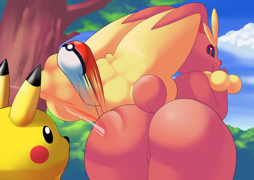 ambiguous_gender anthro big_butt bounce butt butt_jiggle butt_ripples duo female feral jiggling leaning leaning_forward looking_back pokeball standard_pokeball throwing_pokeball aerth nintendo pokemon generation_1_pokemon generation_4_pokemon lopunny pikachu pokemon_(species) absurd_res hi_res