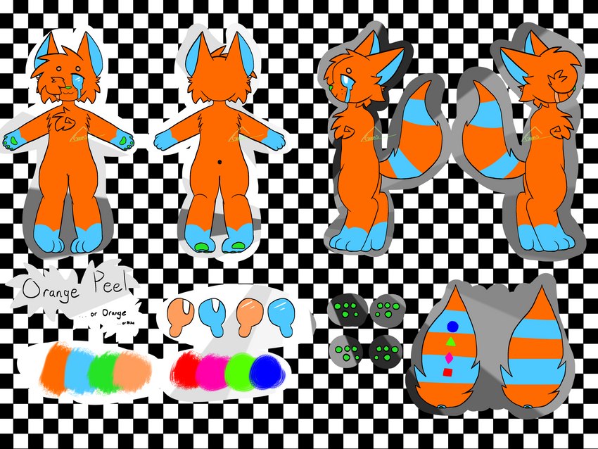 anthro blue_body blue_eyes blue_fur cheek_tuft facial_tuft fluffy fluffy_chest fluffy_tail fur heterochromia orange_body orange_eyes orange_fur shapes solo tail tuft goonis orange_peel_(goonis) unknown_species 4:3 absurd_res hi_res model_sheet