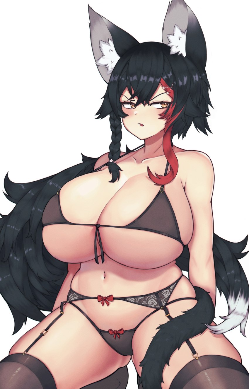 big_breasts biped black_body black_bra black_clothing black_ears black_fur black_hair black_panties black_tail black_underwear blush bow_panties bow_underwear bra braided_hair breasts brown_clothing brown_legwear brown_stockings brown_thigh_highs butt butt_from_the_front cleavage clothed clothing dipstick_ears dipstick_tail ear_markings eyelashes female fluffy fluffy_tail front_view fur garter_belt garter_straps glistening glistening_hair grey_ears grey_inner_ear hair highlights_(coloring) huge_breasts inner_ear_fluff kneeling legwear light_body light_skin lingerie looking_aside markings midriff multicolored_ears multicolored_hair multicolored_tail narrowed_eyes navel panties pigtails red_bow red_hair red_highlights simple_background skimpy skindentation slightly_chubby solo stockings tail tail_markings thick_thighs thigh_highs tuft two_tone_ears two_tone_hair two_tone_tail underwear white_background white_inner_ear_fluff white_tail yellow_eyes tentopus hololive vtuber ookami_mio animal_humanoid canid canid_humanoid canine canine_humanoid humanoid mammal mammal_humanoid wolf_humanoid colored digital_media_(artwork) hi_res portrait shaded three-quarter_portrait