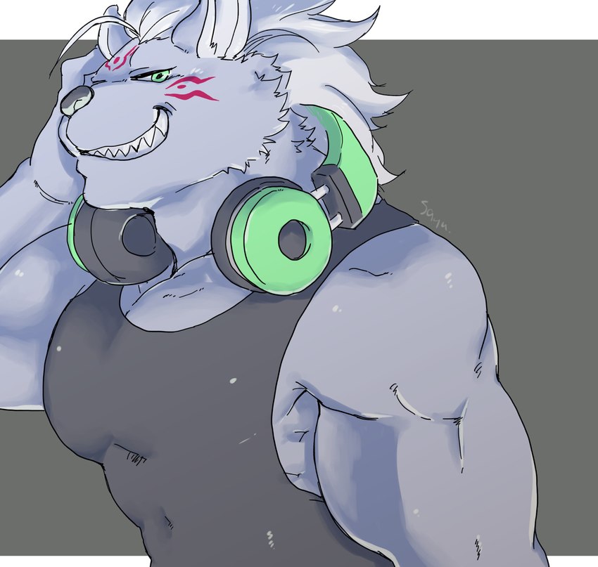 anthro biceps blue_body blue_fur clothing electronics fur green_hair grin hair headphones headphones_around_neck male mane mane_hair muscular muscular_anthro muscular_male shirt smile solo tank_top topwear cddi_h lifewonders tokyo_afterschool_summoners nyarlathotep_(tas) hyena mammal hi_res