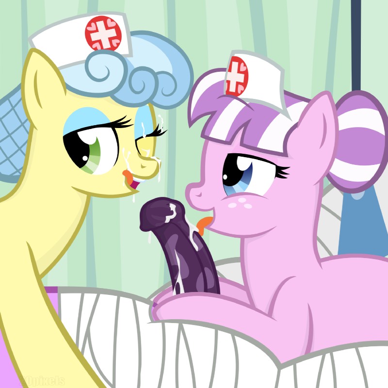 bodily_fluids cast cum duo_focus erection female feral genital_fluids genitals group licking male male/female messy nurse penis tongue tongue_out 20pixels friendship_is_magic hasbro my_little_pony bandage_mummy_(mlp) nurse_snowheart_(mlp) nurse_sweetheart_(mlp) equid equine horse mammal pony 1:1 hi_res