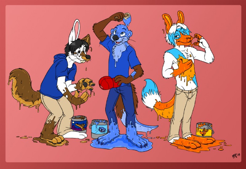 anthro bottomwear brush clothing denim denim_bottomwear denim_clothing group jeans male paint paintbrush pants tail transformation wet spookaboo canid canine canis coyote fox kangaroo lagomorph leporid macropod mammal marsupial mustelid otter rabbit 2009