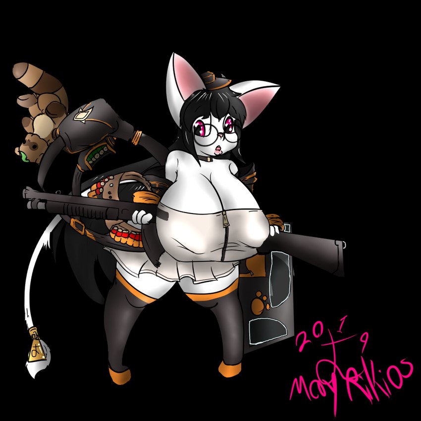 anthro big_breasts big_weapon black_clothing black_hair bottomwear breasts cleavage clothed clothing eyewear female fur glasses hair holding_object holding_ranged_weapon holding_weapon huge_breasts leggings legwear long_hair nipples pink_eyes plushie ranged_weapon skirt solo tail weapon white_body white_clothing white_fur white_tail yellow_clothing succubusbnny may_rikios_(character) canid canine felid feline mammal raccoon_dog tanuki 1:1 alpha_channel