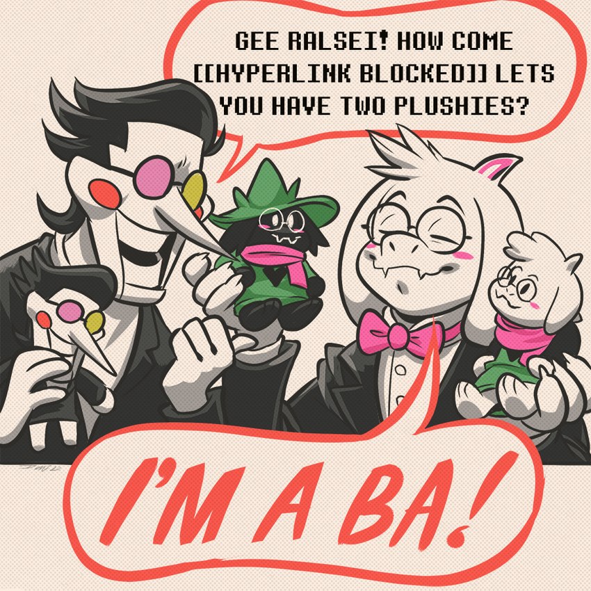 anthro bow_tie butler clothed clothing dialogue duo eyewear fur glasses horn humor long_nose male plushie simple_background smile speech_bubble suit text white_body white_fur angusburgers deltarune gee_bill!_how_come_your_mom_lets_you_eat_two_wieners? undertale_(series) ralsei spamton_g._spamton bovid caprine darkner goat mammal 1:1 2022 english_text meme