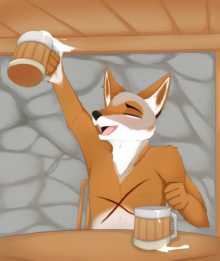 alcohol anthro beer beer_mug beverage brown_body chair ear_piercing ear_ring eyes_closed furniture happy inside joyful male open_mouth piercing ring_piercing solo stone_wall table tavern wall_(structure) wood wood_chair wood_furniture onyx_spartan_(artist) furry_rome servius_(vestina) canid canine canis coyote mammal absurd_res hi_res