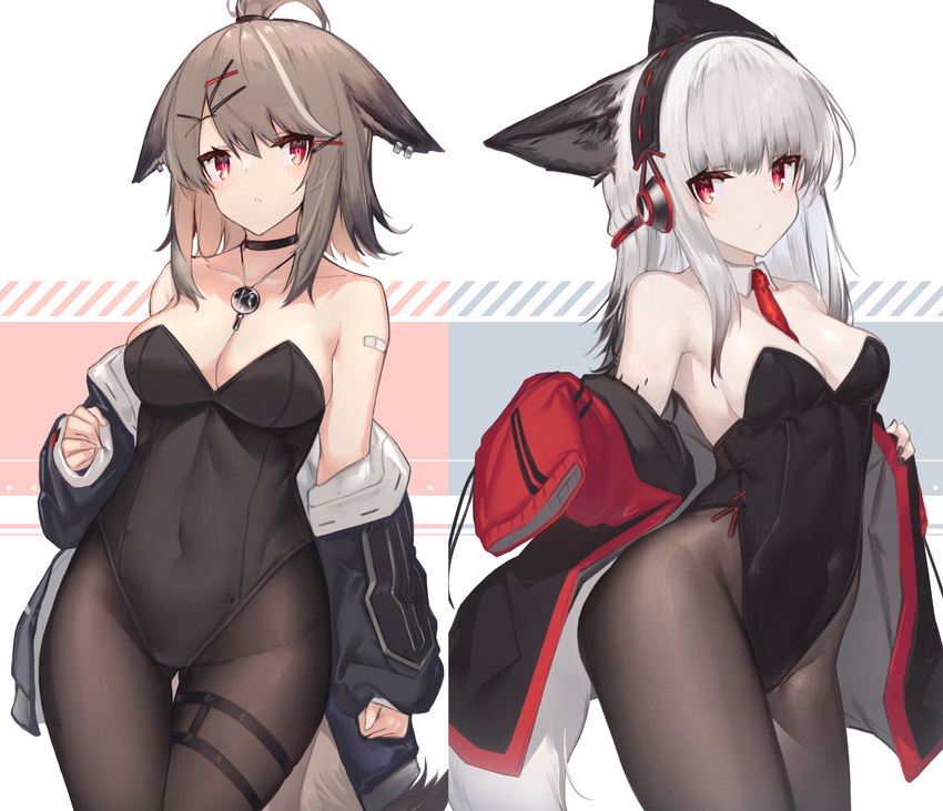 black_clothing black_leotard breasts brown_hair bunny_costume choker clothing costume duo ear_piercing ear_ring electronics female grey_hair hair headphones jacket jewelry leotard necklace necktie pendant piercing ring_piercing simple_background topwear yki arknights hypergryph studio_montagne cutter_(arknights) frostleaf_(arknights) animal_humanoid canid canid_humanoid felid felid_humanoid humanoid mammal mammal_humanoid 2021 absurd_res hi_res