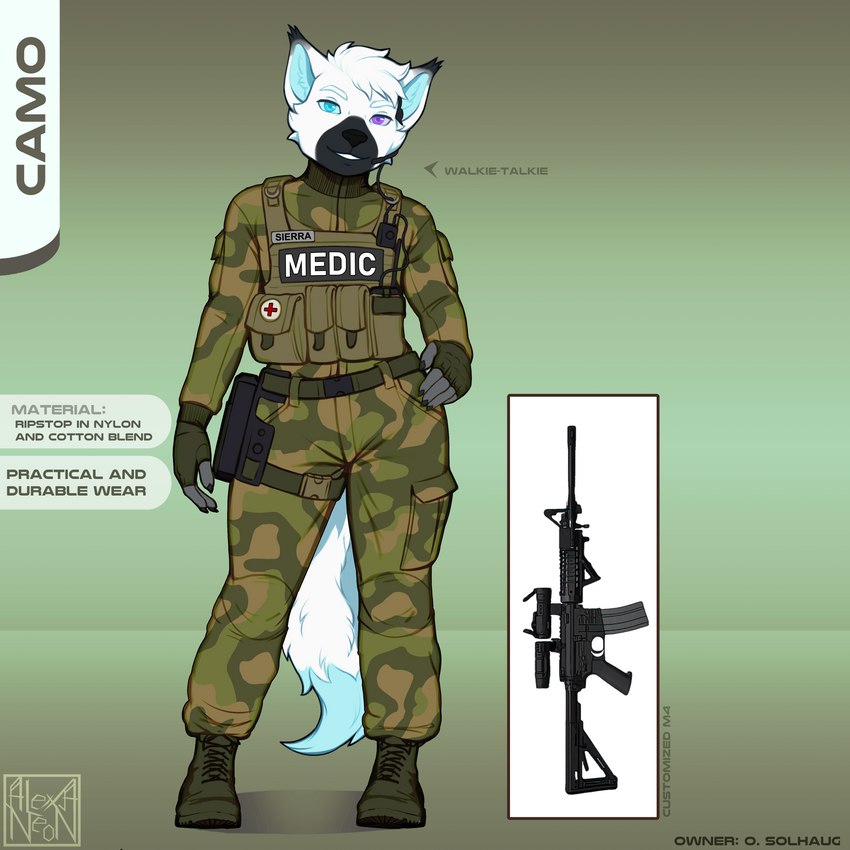 aid ambiguous_gender anthro assault_rifle battle bio_in_description boots camo clothing combat_boots costume electronics fingerless_gloves first first_aid_kit footwear gloves gun hand_on_hip handwear headgear headphones headset heterochromia looking_at_viewer medic medical_instrument military military_uniform name_tag pockets ranged_weapon rifle scientific_instrument shoes solo tail text uniform walkie-talkie weapon alexa_neon sierrathewynx canid canine mammal sierra_(disambiguation) 1:1 absurd_res colored digital_drawing_(artwork) digital_media_(artwork) english_text full-length_portrait hi_res model_sheet portrait signature female_(lore)