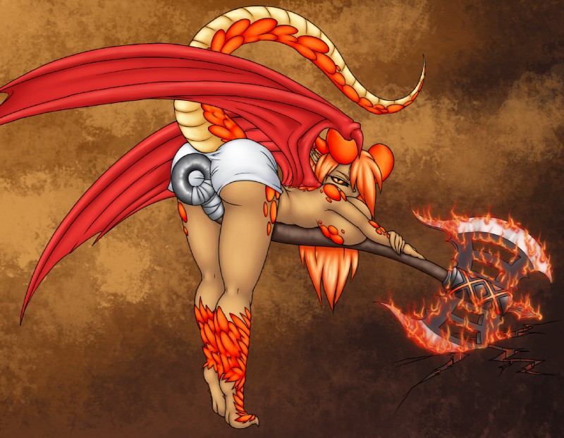 anthro axe bat_wings battle_axe big_breasts big_butt black_sclera breasts butt clothed clothing double_bitted_axe fantasy_weapon female fire flaming_weapon greataxe hair horn humanoid_pointy_ears looking_at_viewer magic_weapon melee_weapon membrane_(anatomy) membranous_wings non-mammal_breasts orange_body orange_eyes orange_hair orange_scales pointy_ears pupils scales slit_pupils solo tail topless underwear weapon wings yellow_body yellow_scales aldergames corruption_of_champions mythology kiha_(coc) dragon mythological_creature mythological_scalie scalie