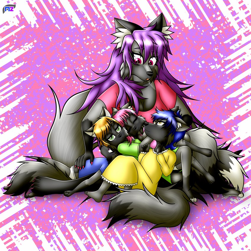 anthro blonde_hair blue_hair breasts cleavage clothed clothing colored_nails cuddling female fluffy fluffy_tail green_eyes group hair inner_ear_fluff long_hair male nails nightgown pink_hair purple_eyes purple_hair red_eyes shirt sleeping smile t-shirt tail topwear tuft underwear yellow_eyes young young_anthro newzorra acie_zorra aspen_zorra jude_zorra lloyd_zorra niti_morgan-zorra canid canine fox mammal red_fox silver_fox true_fox 1:1 hi_res daughter_(lore) mother_(lore) mother_and_child_(lore) parent_(lore) parent_and_child_(lore) son_(lore)