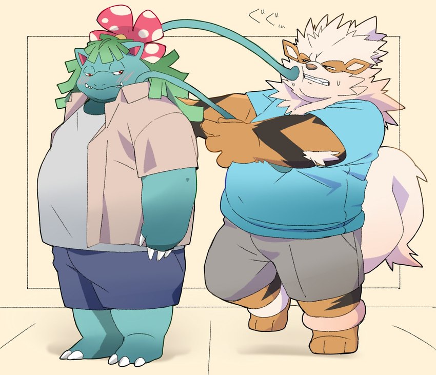 anthro anthrofied belly biped blue_body blush bottomwear clothing duo kemono male orange_body overweight overweight_male shirt shorts topwear inunoshippo nintendo pokemon arcanine generation_1_pokemon pokemon_(species) venusaur 2024 hi_res