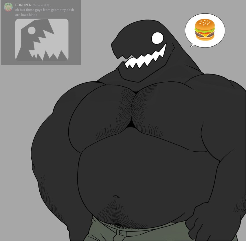 anthro arm_hair belly belly_hair black_body body_hair bottomwear burger chest_hair clothed clothing emoji food male musclegut muscular muscular_anthro navel overweight overweight_anthro pants shirtless_anthro simple_background solo speech_bubble white_eyes zavrise geometry_dash robtopgames monster monster_(geometry_dash) 2024 hi_res