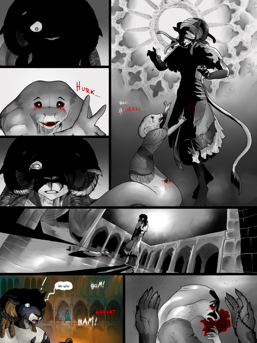 1_eye 4_fingers 5_fingers ambiguous_gender anthro asphyxiation blonde_hair blood blood_in_mouth bloodshot_eyes bodily_fluids choking container corpse cup death dialogue dreadlocks duo female fingers fur green_eyes group hair male multicolored_body multicolored_fur nosebleed poisoned text trio two_tone_body two_tone_fur young tyunre nafisa_vharr_antrelys bovid caprine mammal reptile scalie snake 3:4 comic english_text hi_res