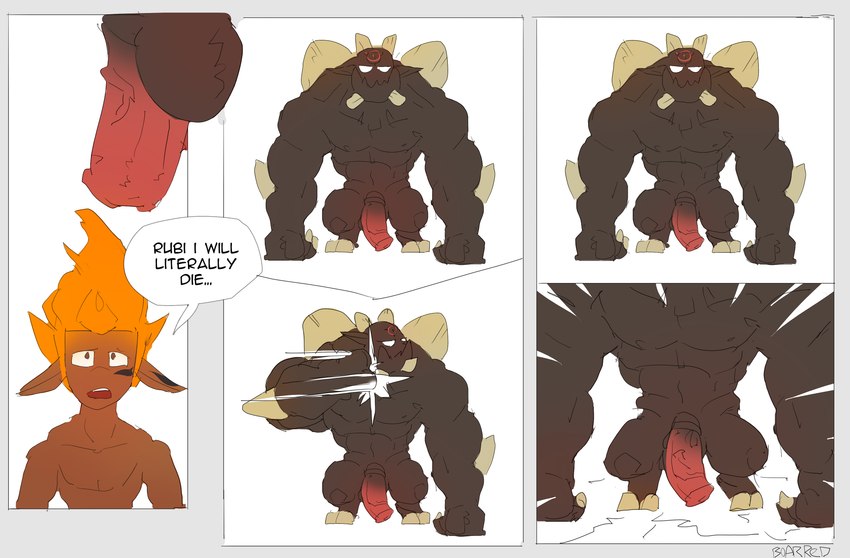 anthro black_body black_skin dialogue duo hair horn macro male male/male no_pupils orange_hair size_difference tanned_skin text boarred ankama wakfu percedal_(wakfu) rubilax_(wakfu) demon iop mammal shushu absurd_res comic english_text hi_res sketch