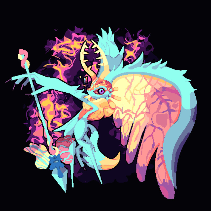 ambiguous_gender antares_(kirby_and_the_forgotten_land) anthro antlers biped black_background black_sclera chest_tuft color_swatch colored_nails countershading digitigrade dipstick_tail fingernails fire fluffy fluffy_tail fur head_wings horn huge_wings looking_at_viewer markings mouthless multicolored_body multicolored_eyes multicolored_fur nails neck_tuft orange_body orange_fur pink_eyes pupils purple_fingernails purple_nails simple_background solo tail tail_markings tan_body tan_fur teal_body teal_eyes teal_fur three-quarter_view tuft unusual_wing_placement wings venxev kirby_(series) nintendo fecto_elfilis alien chinchilla chinchillid mammal rodent starling_(kirby) 1:1 2025 absurd_res digital_media_(artwork) full-length_portrait hi_res pixel_(artwork) portrait