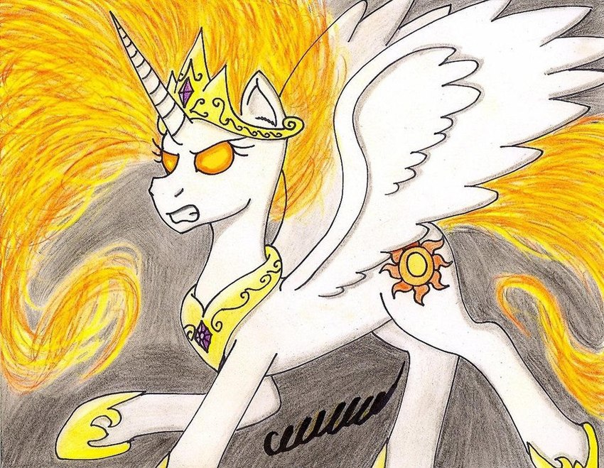 alternate_color angry feathered_wings feathers female feral fire horn solo white_body white_feathers wings the1king friendship_is_magic hasbro my_little_pony mythology princess_celestia_(mlp) equid equine mammal mythological_creature mythological_equine winged_unicorn