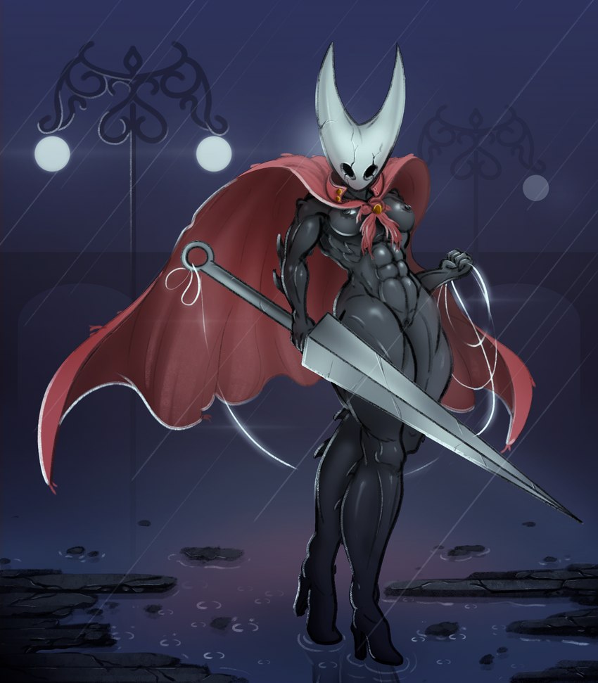 abs athletic bare_breasts breasts cape cloak clothed clothing cracks dark_body dark_nipples erect_nipples exoskeleton female footwear genitals glistening glistening_body greatsword high_heels hollow_eyes horn lance looking_at_viewer mask melee_weapon muscular muscular_female muscular_thighs nipples non-mammal_breasts non-mammal_nipples partially_clothed polearm pose pussy raining shoes solo spikes sword torn_clothing weapon crow-thing hollow_knight team_cherry hornet_(hollow_knight) animal_humanoid arachnid arachnid_humanoid arthropod arthropod_humanoid humanoid hi_res