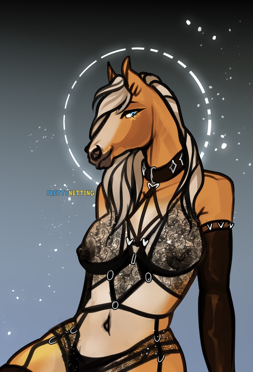 anthro armwear blue_eyes choker clothing elbow_gloves female garter_belt garter_straps gloves handwear jewelry lingerie necklace solo prettynetting amy_haythorne equid equine horse mammal hi_res