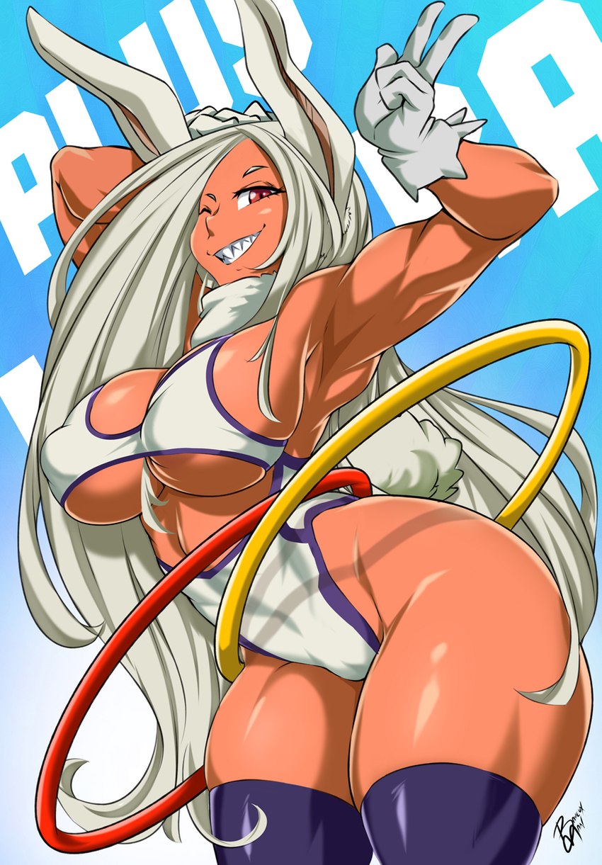 5_fingers big_breasts breasts clothed clothing female fingers gesture hair hand_gesture hand_on_head hula_hoop long_hair muscular muscular_female muscular_humanoid nipple_outline one_eye_closed red_eyes solo thick_thighs v_sign white_hair wink bayeuxman my_hero_academia rumi_usagiyama animal_humanoid humanoid lagomorph lagomorph_humanoid leporid_humanoid mammal mammal_humanoid rabbit_humanoid 2021 hi_res