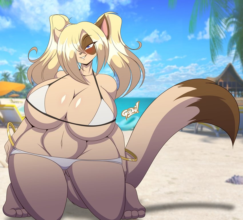 anthro beach big_breasts bikini biped blush breasts clothed clothing female hair huge_breasts huge_hips huge_thighs pupils smile solo swimwear thick_thighs triangle_bikini two-piece_swimsuit wide_hips mastergodai felicia_(jwinkz) domestic_cat felid feline felis mammal 2024 absurd_res hi_res