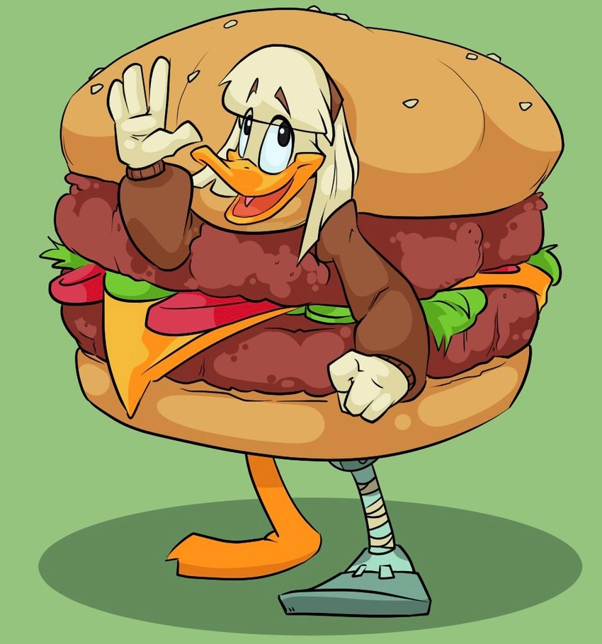 anthro burger burger_costume clothed clothing costume female food food_costume prosthetic prosthetic_leg prosthetic_limb simple_background solo standing koopakrazy85 della_duck anatid anseriform avian bird duck