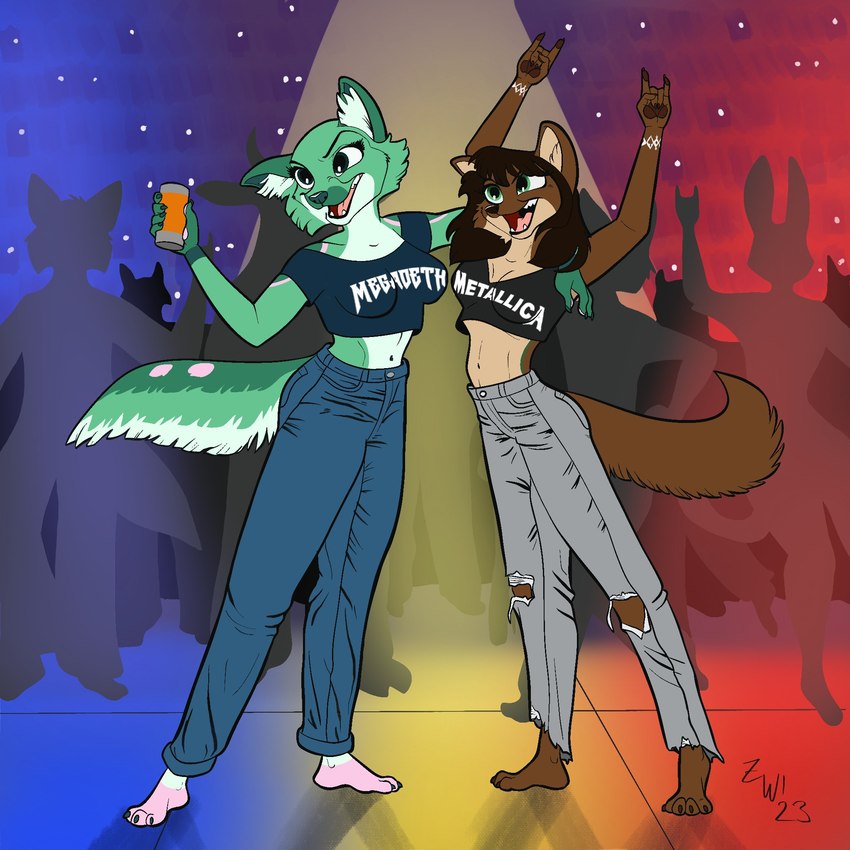 alcohol anthro beer beverage beverage_can black_hair bottomwear brown_body brown_fur brown_pawpads cheek_tuft clothing concert crop_top crowd denim denim_bottomwear denim_clothing devil_horns_(gesture) duo_focus facial_tuft fangs female fur gesture green_body green_fur group hair half-closed_eyes hand_gesture jeans midriff narrowed_eyes open_mouth open_smile pants pawpads paws pink_body pink_fur shirt smile teeth topwear tuft white_body white_fur zephyriwolf megadeth metallica canid canine canis mammal wolf 1:1 hi_res