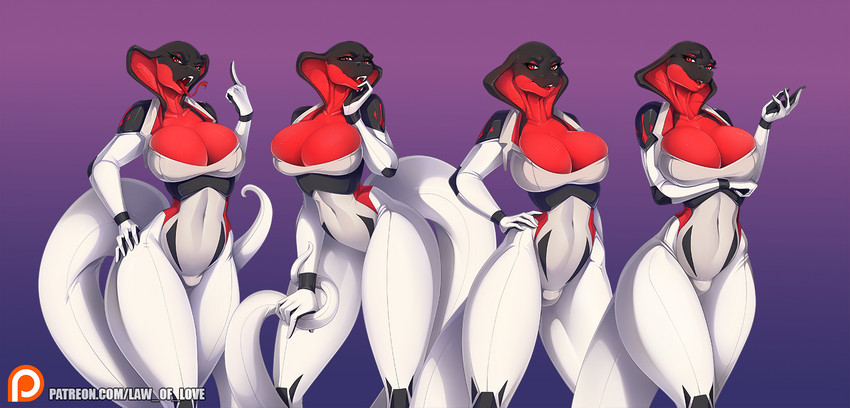 anthro big_breasts bodysuit breasts clothing fangs female non-mammal_breasts patreon_logo pupils simple_background skinsuit slit_pupils smile solo standing teeth text tight_clothing wide_hips knight_dd law_of_love patreon bas_(law_of_love) cobra reptile scalie snake 2021 english_text url