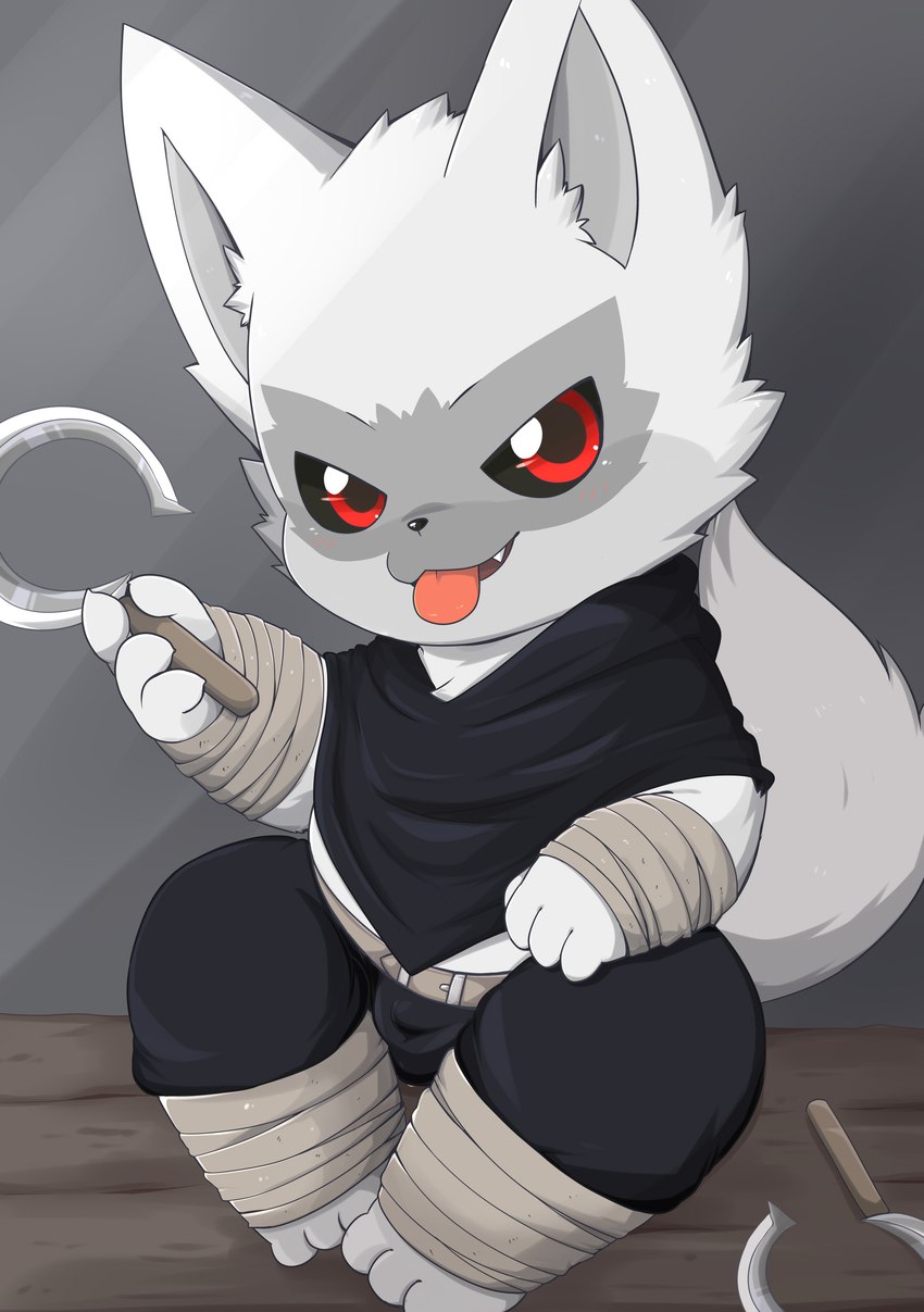 4_fingers aged_down anthro arm_wraps black_bottomwear black_clothing black_sclera bottomwear bulge clothing detailed_bulge fingers fur grey_body grey_fur holding_object leg_wraps looking_at_viewer male pupils red_eyes teeth tongue tongue_out wraps young young_anthro toruu dreamworks puss_in_boots_(franchise) death_(puss_in_boots) canid canine canis mammal wolf 2023 absurd_res hi_res