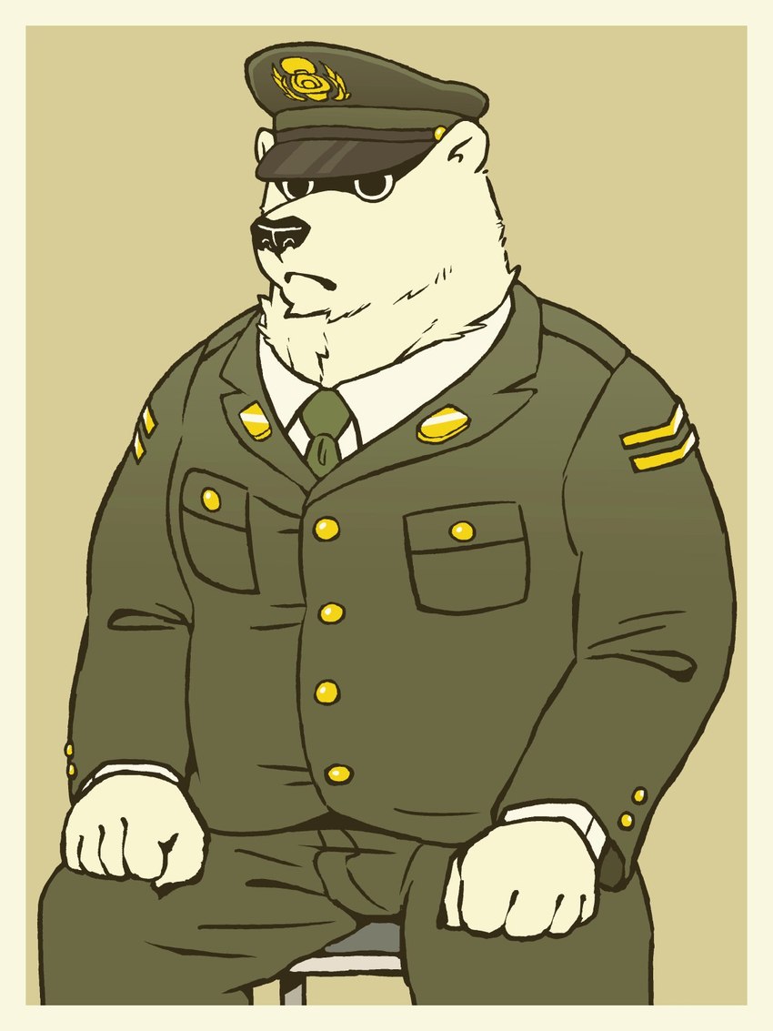 anthro clothing hat headgear headwear male military military_cap military_uniform simple_background sitting soldier soldier_uniform solo uniform warrior white_body kajimaru_0507 benki_wars sergeant_white_(benki_wars) bear mammal polar_bear ursine 3:4 hi_res