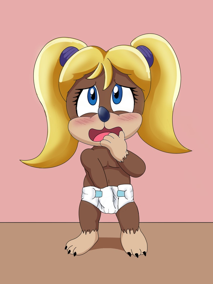 blush clothed clothing diaper female loli masturbation open_mouth pigtails solo standing topless wearing_diaper young anonymous_artist banjo-kazooie rareware tooty bear mammal hi_res