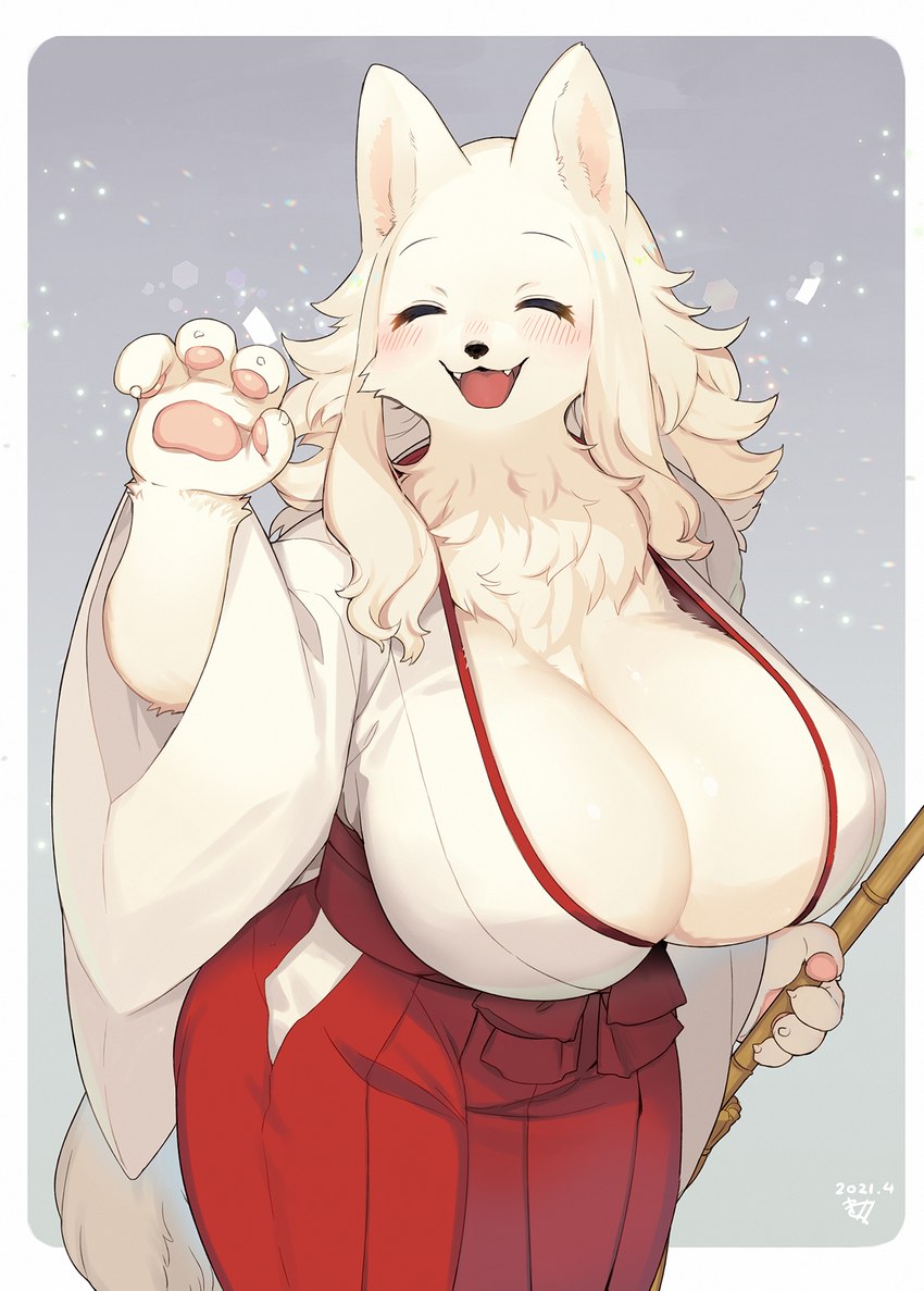 4_fingers anthro asian_clothing big_breasts biped blush bottomwear breasts chest_tuft claws cleavage clothed clothing cute_fangs east_asian_clothing eyes_closed fangs female female_anthro finger_claws fingers fluffy fur gesture hair hakama haori holding_object huge_breasts japanese_clothing kemono long_hair mature_anthro mature_female miko_outfit neck_tuft open_mouth open_smile pawpads paws red_bottomwear red_clothing red_hakama shrine_maiden simple_background smile smiling_at_viewer snout solo standing teeth tongue topwear tuft waving waving_at_viewer white_body white_clothing white_fur white_hair white_haori kishibe samoyed-chan_(kishibe) canid canine canis domestic_dog mammal nordic_sled_dog samoyed spitz 2021 hi_res portrait three-quarter_portrait