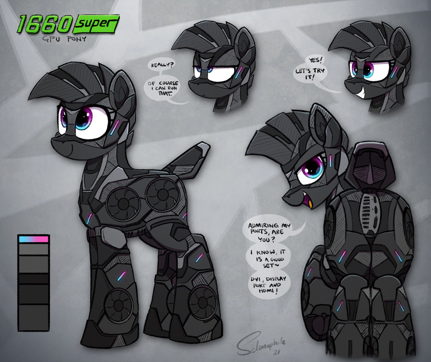 butt dialogue female feral grin humor looking_at_viewer looking_back machine rear_view side_view smile solo speech_bubble suggestive text selenophile hasbro my_little_pony fan_character equid equine horse mammal pony robot 2021 absurd_res english_text hi_res signature