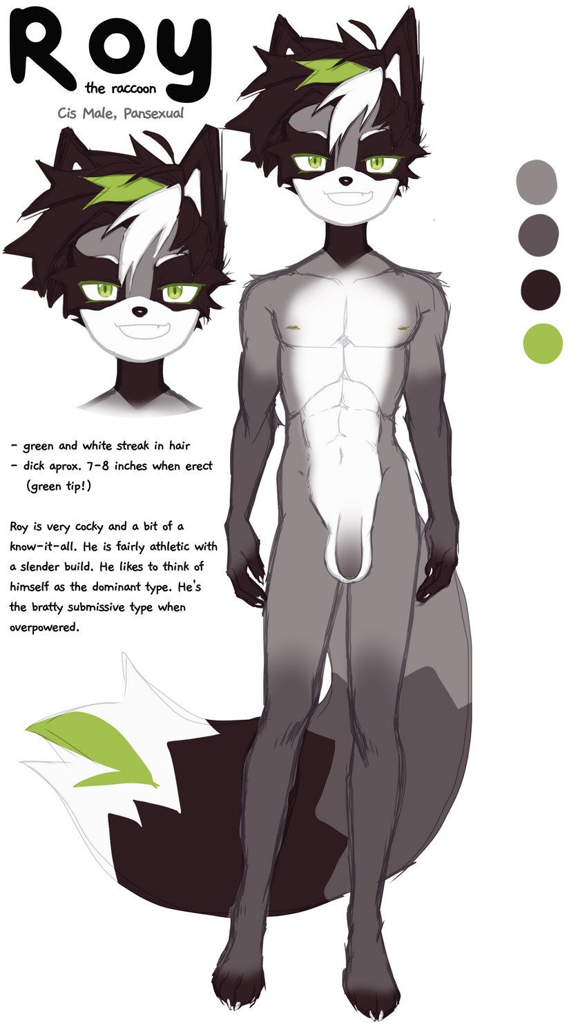 anthro athletic athletic_male balls flaccid foreskin genitals green_eyes hair looking_at_viewer male multicolored_hair nipples nude penis simple_background smile solo text white_background conditional_dnp hiccyart mammal procyonid raccoon absurd_res digital_media_(artwork) english_text hi_res model_sheet