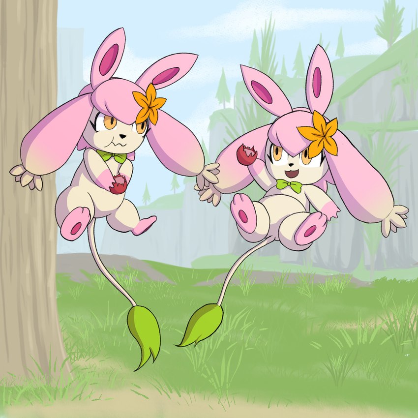 ambiguous_gender anthro berry cliff day detailed_background duo eating floating food fruit grass outside plant tree moderately_ashamed palworld pocketpair flopie pal_(species) 1:1 hi_res