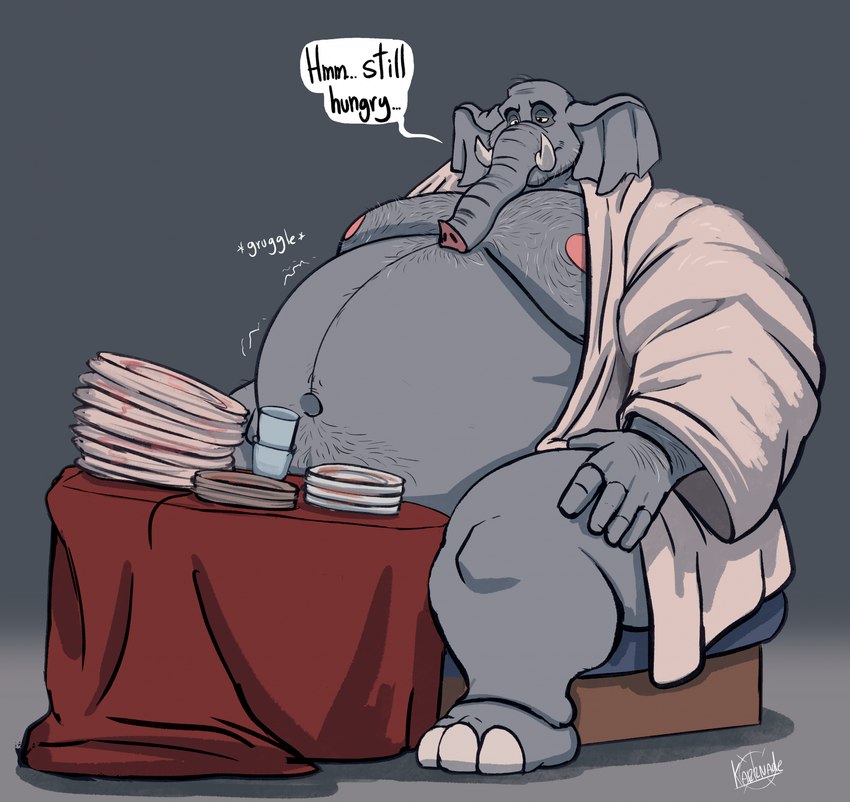 anthro bathrobe belly big_belly body_hair chest_hair clothing container cup facial_hair furniture hand_on_leg hand_on_thigh happy_trail male moobs navel nipples obese obese_anthro obese_male overweight overweight_anthro overweight_male plate robe simple_background sitting solo sound_effects speech_bubble table tablecloth tusks karrnade elephant elephantid mammal proboscidean 2025 hi_res signature