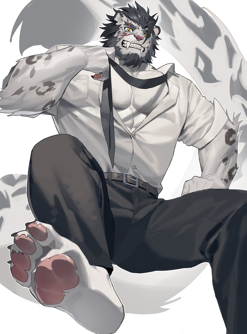 4_toes abs anthro beard belt black_belt black_bottomwear black_clothing black_hair black_necktie black_pants bottomwear claws clothing dress_shirt eye_scar facial_hair facial_scar fangs feet finger_claws fur grin hair leopard_spots long_tail male markings muscular muscular_anthro muscular_male necktie pants pawpads pecs rolled_up_sleeves scar shirt simple_background smile snout snout_scar solo spots spotted_body spotted_fur tail teeth toe_claws toes topwear unbuttoned_shirt white_background white_body white_fur yellow_eyes dog23333 alvintanubis yuntian felid mammal pantherine snow_leopard 2023 hi_res