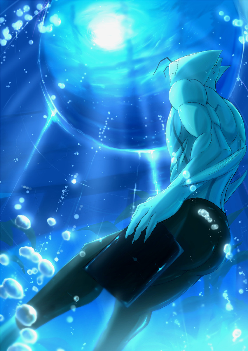 antennae_(anatomy) aquarium athletic athletic_male back_muscles biceps blue_body blue_skin bubble clothed clothing fin frutiger_aero male muscular muscular_male obliques plant rear_view skinsuit solo tablet tight_clothing topless triceps underwater vivarium water blood_blockade_battlefront zed_o'brien animal_humanoid humanoid marine marine_humanoid absurd_res hi_res