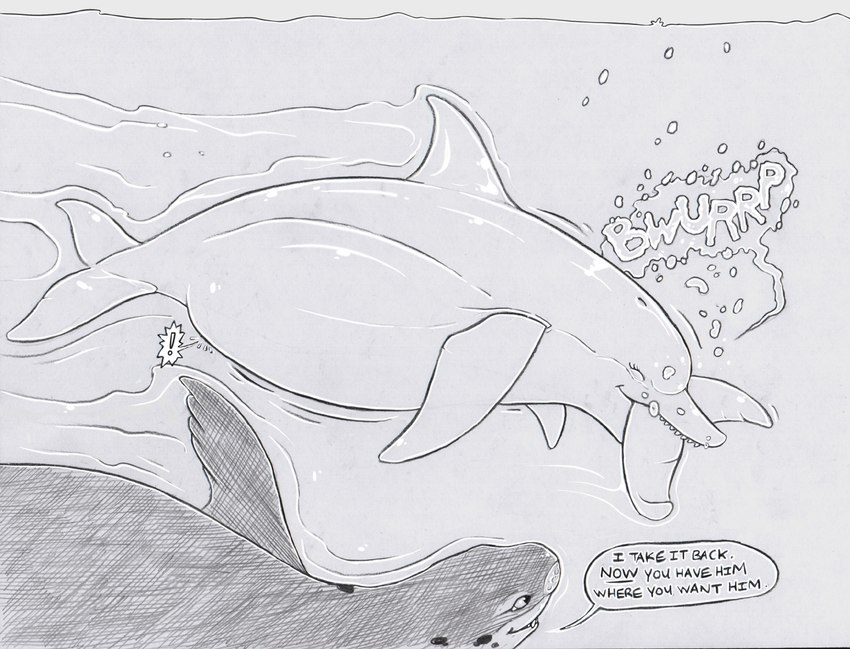 abdominal_bulge almost_fully_inside ambiguous_feral ambiguous_gender ambiguous_pred ambiguous_prey belly big_belly blowhole burping dialogue dorsal_fin exclamation_point feral feral_pred feral_prey fin flippers group head_first markings oral_vore same_size_vore speech_bubble spots spotted_body talking_feral text trio underwater vore water strega natiq salome_(strega) cetacean dolphin leopard_seal mammal marine pinniped seal toothed_whale 2018 english_text greyscale hatching_(art) hi_res monochrome shaded female_(lore) male_(lore)