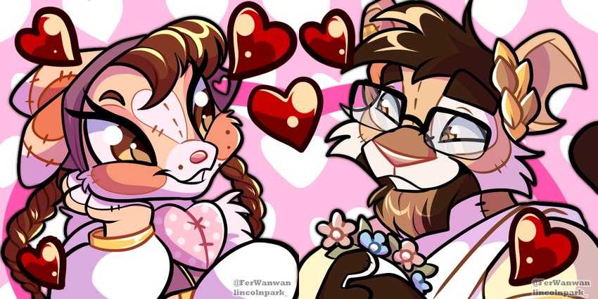 anthro beard braided_pigtails brown_eyes brown_hair duo eye_contact eyelashes eyewear facial_hair female flower glasses hair heart_symbol holidays looking_at_another male male/female neomorph_(neopets) paws pigtails plant plushie romantic romantic_couple smile ferwanwan neopets valentine's_day fan_character feerni javivii animate_inanimate cybunny felid kougra lagomorph living_plushie mammal neopet_(species) plushie_neopet 2024 2:1 icon linked_icons watermark