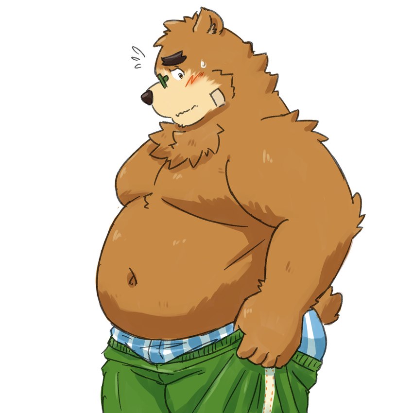 anthro belly big_belly blush bottomwear bottomwear_pull brown_body brown_fur butt clothing clothing_pull eyewear fur glasses kemono male moobs overweight overweight_male pulling_up_pants side_view solo underwear yaki_atsuage lifewonders tight_pants_(meme) tokyo_afterschool_summoners volos_(tas) bear mammal 1:1 2023 hi_res meme portrait three-quarter_portrait