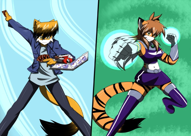 anthro bent_arm bent_leg bottomwear brown_hair card card_deck card_game card_hand clothed clothing countershading duel_disk duo extended_arm female fur gaming hair holding_card holding_object holding_single_card jacket male navel on_one_leg one_calf_up orange_body orange_fur parody raised_arm raised_calf raised_foot raised_hand shirt skirt standing straight_leg straight_legs tail topwear trading_card trading_card_game white_body white_fur wide_stance yu-gi-oh_card raxkiyamato bittersweet_candy_bowl cartoon_network dc_comics konami teen_titans teen_titans_(television_series) twokinds yu-gi-oh! yu-gi-oh!_duel_monsters flora_(twokinds) joey_wheeler paulo_(bcb) starfire_(teen_titans) domestic_cat felid feline felis keidran mammal pantherine somali_cat tiger crossover shaded