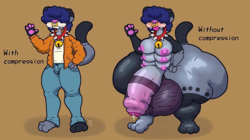 anthro balls before_and_after bell bell_collar big_balls big_butt big_penis blep blue_hair blush bodily_fluids bottomwear breasts butt clothing collar denim denim_bottomwear denim_clothing facial_piercing fangs foreskin fur genital_fluids genitals grey_body grey_fur growth gynomorph hair hair_over_eyes huge_balls huge_butt huge_penis hyper hyper_balls hyper_butt hyper_genitalia hyper_penis intersex jacket jeans leaking_precum multi_breast nose_piercing nude pants penis piercing precum solo_focus teeth text tongue tongue_out topwear dominogooper domestic_cat felid feline felis mammal 16:9 english_text hi_res widescreen