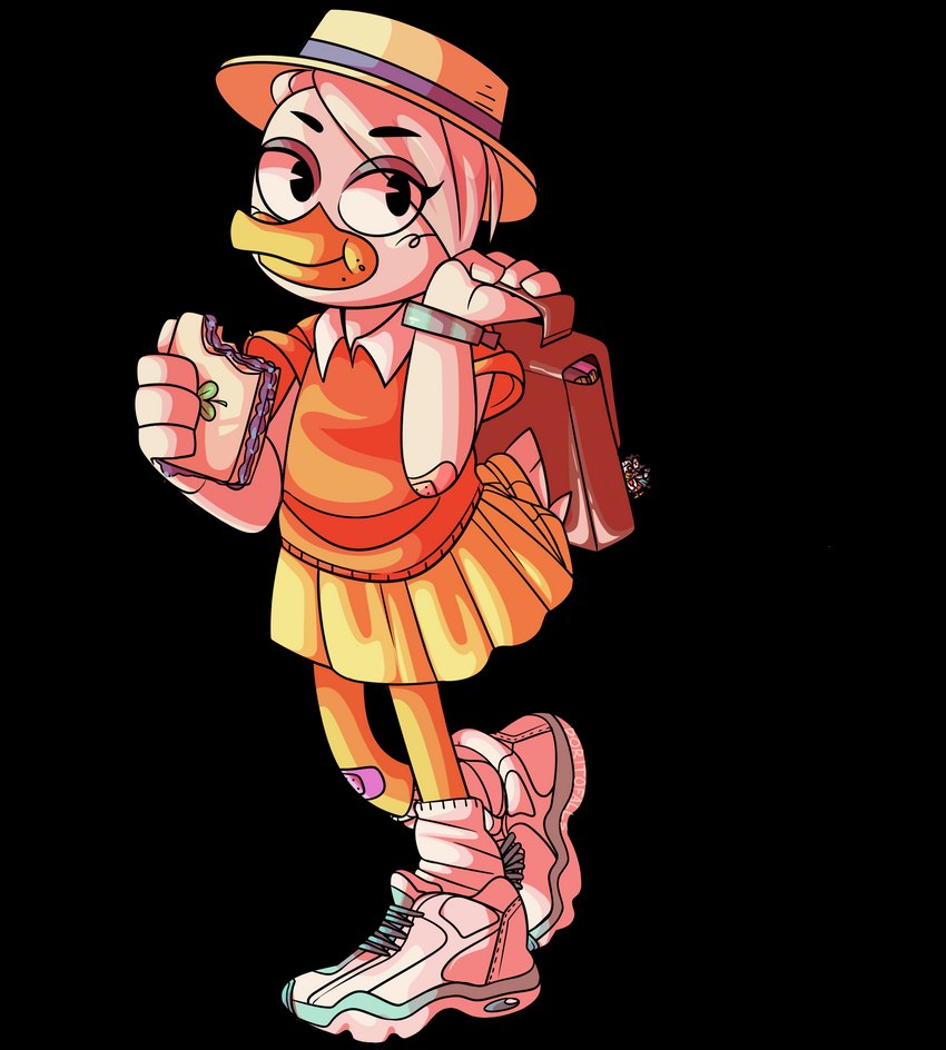 anthro bag bandage bandaged_arm bottomwear clothed clothing female food footwear hat headgear headwear sandwich_(food) shirt shoes skirt socks solo tail tail_under_skirt topwear doritofalls disney ducktales ducktales_(2017) lena_(ducktales) anatid anseriform avian bird duck alpha_channel hi_res