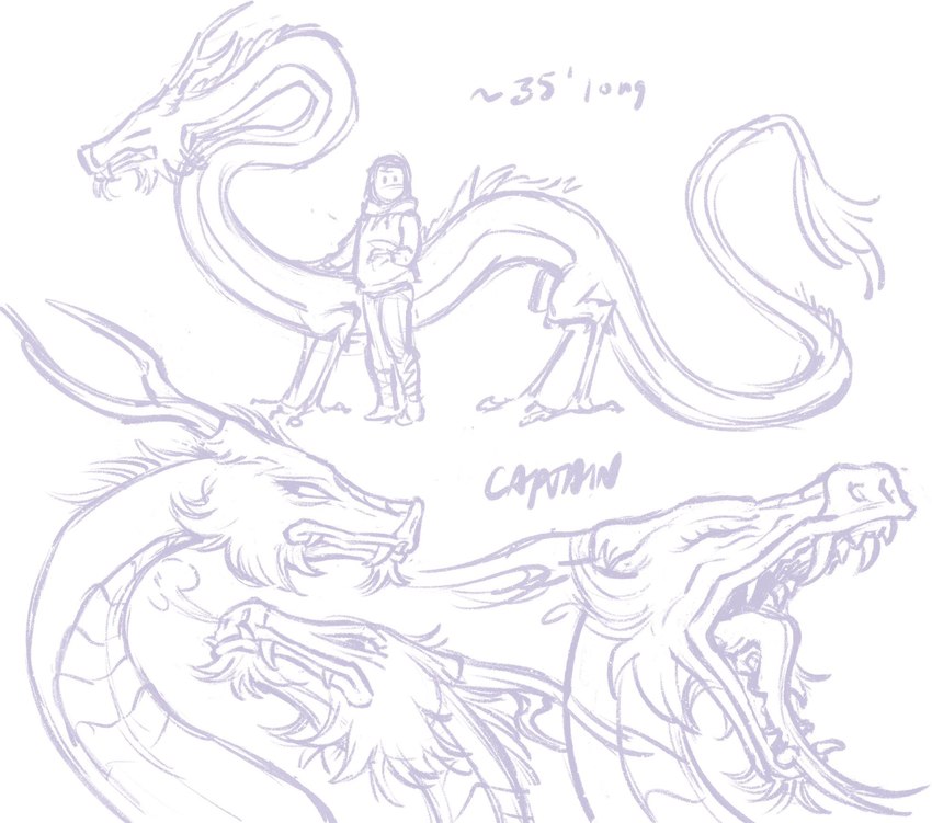 ambiguous_gender duo fangs feral forked_tongue horn male open_mouth quadruped simple_background size_difference tail tail_tuft teeth tongue tuft white_background softending mythology captain_(softending) dragon eastern_dragon human mammal mythological_creature mythological_scalie scalie hi_res sketch