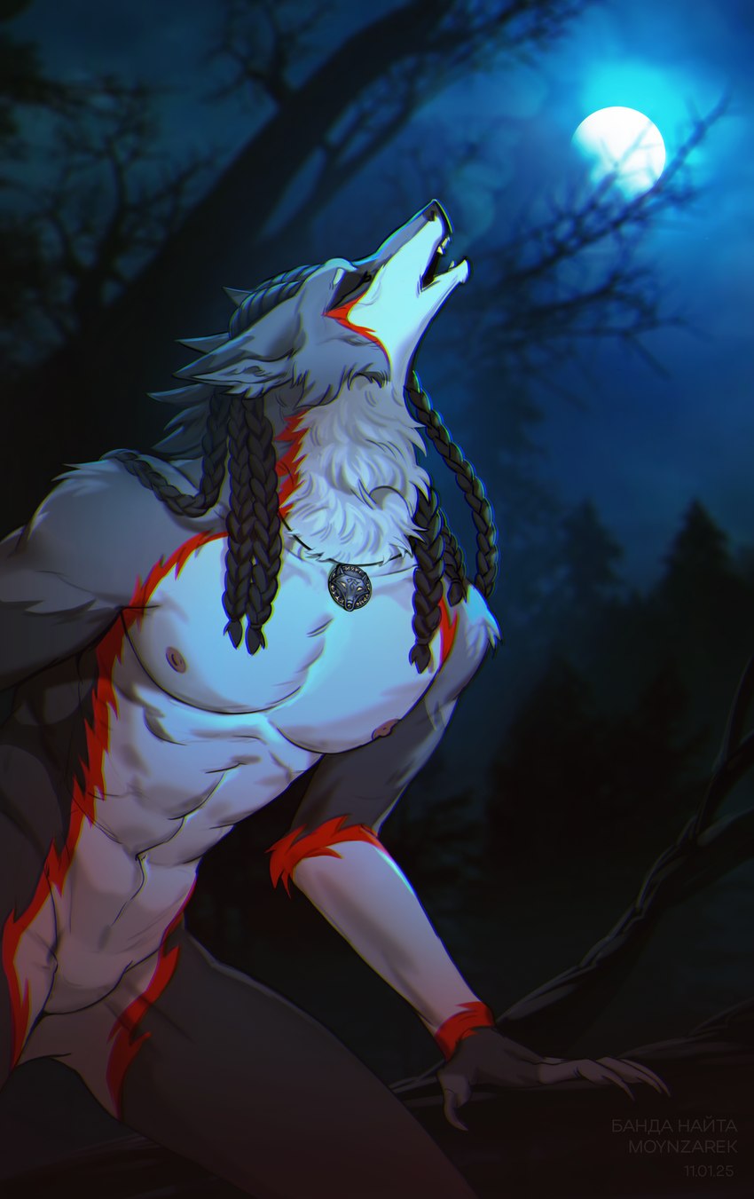 anthro athletic athletic_anthro athletic_male blurred_background claws forest fur hair long_hair male moon outside plant sky tree white_body white_fur moynzarek canid canine canis mammal wolf 2025 absurd_res digital_media_(artwork) hi_res