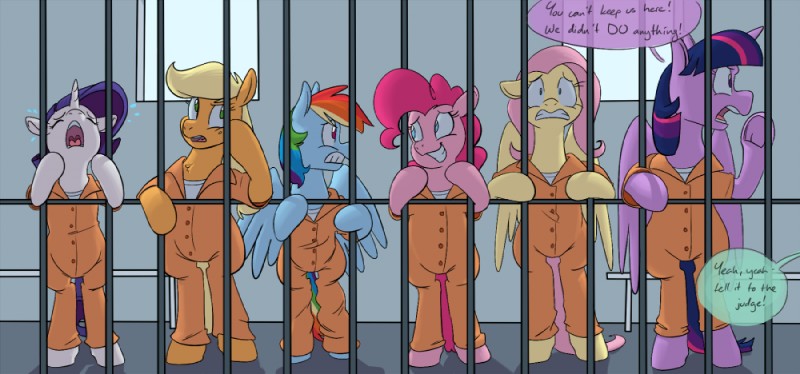 bodily_fluids clothed clothing crying dialogue feathered_wings feathers female feral group hair horn male multicolored_hair overalls prison prison_overalls rainbow_hair tears text wings goattrain friendship_is_magic hasbro my_little_pony mythology applejack_(mlp) fluttershy_(mlp) pinkie_pie_(mlp) rainbow_dash_(mlp) rarity_(mlp) royal_guard_(mlp) twilight_sparkle_(mlp) earth_pony equid equine horse mammal mythological_creature mythological_equine pegasus pony unicorn winged_unicorn 2016 english_text