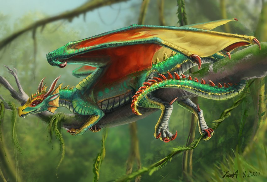 claws fangs female feral horn looking_at_viewer lying membrane_(anatomy) membranous_wings nude smile solo tail teeth wings drangir european_mythology mythology wings_of_fire dragon mythological_creature mythological_scalie rainwing_(wof) scalie western_dragon hi_res