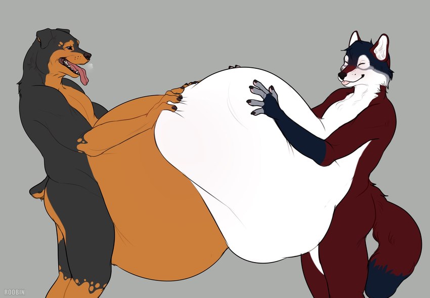 anthro belly big_belly black_nose blue_eyes closed_smile dipstick_tail duo eyes_closed fur gloves_(marking) grey_background grey_body grey_fur huge_belly male markings mouth_closed nude open_mouth open_smile orange_body orange_fur red_body red_fur side_view simple_background smile standing tail tail_markings vore white_body white_fur roobin canid canine mammal hi_res